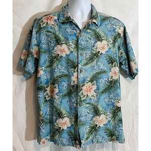 CARIBBEAN JOE Silk Men's Hawaiian Shirt  Aqua Blue Floral Size M